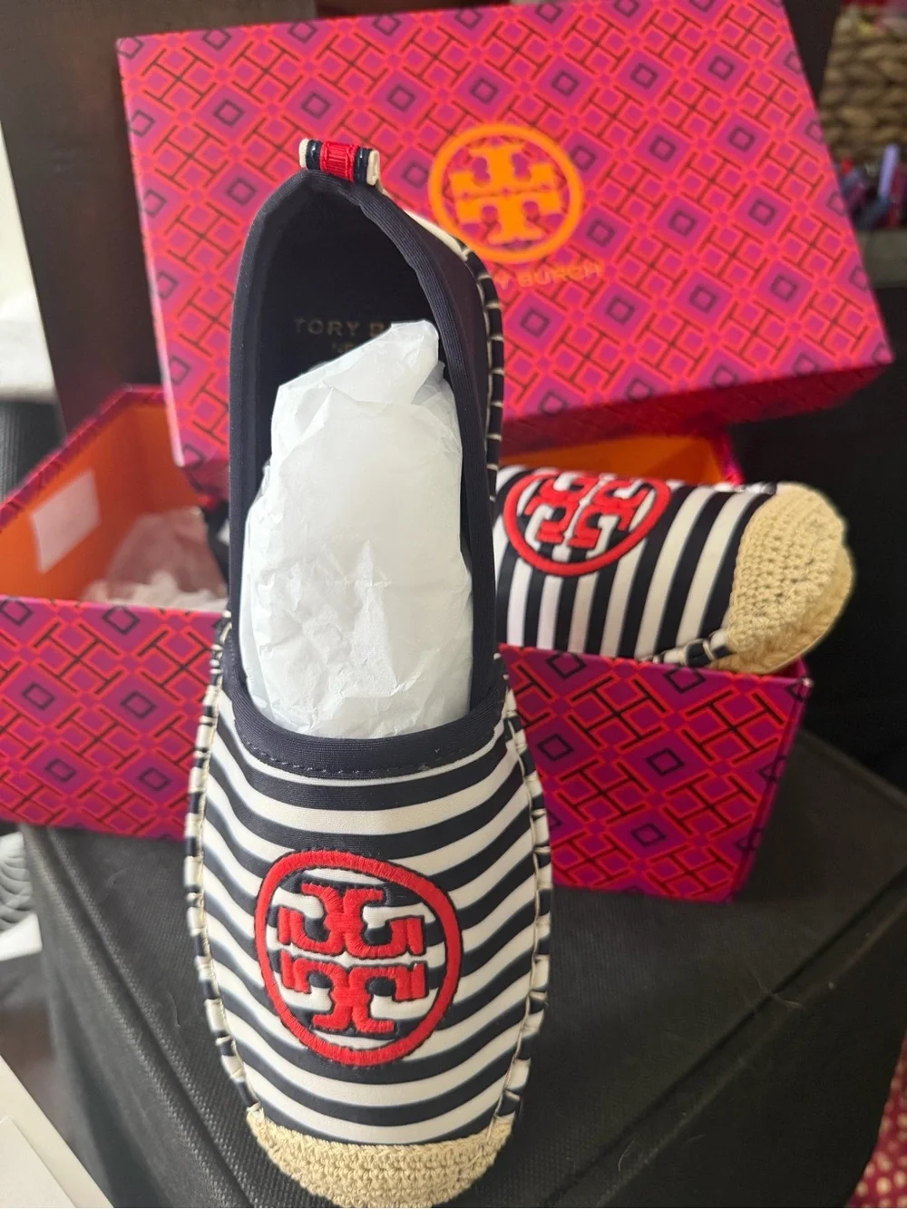 Tory Burch Navy and White Striped Water Espadrille with Red Logo